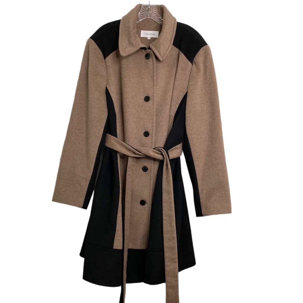 Calvin Klein Wool Blend Trench Peacoat Tan Black Color Block Knee Length Size 2X